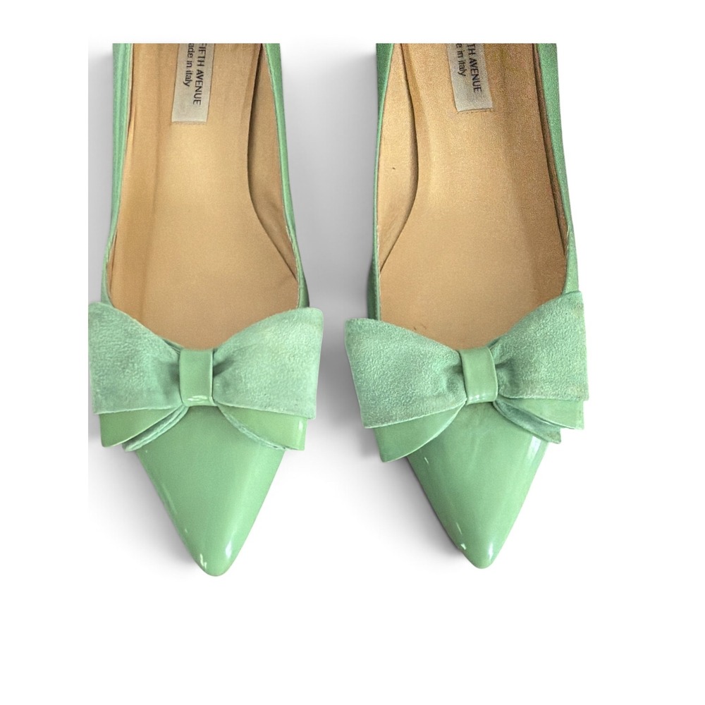 Saks Fifth Avenue Mint Green Patent Leather Bow Pointed Toe Flats Italy 10B